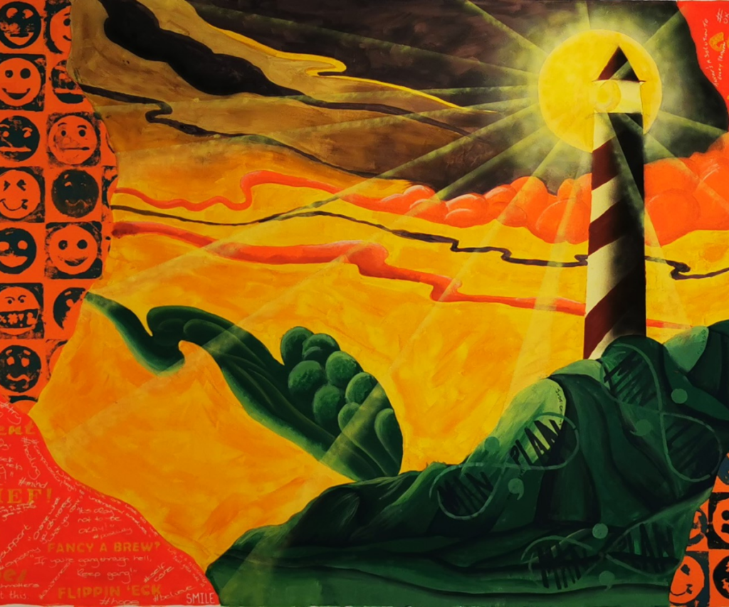 Lighthouse mural with smiley faces