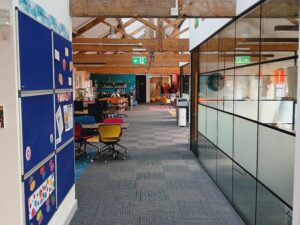 Long shot of CFO Activity Hub showing seating areas and different rooms